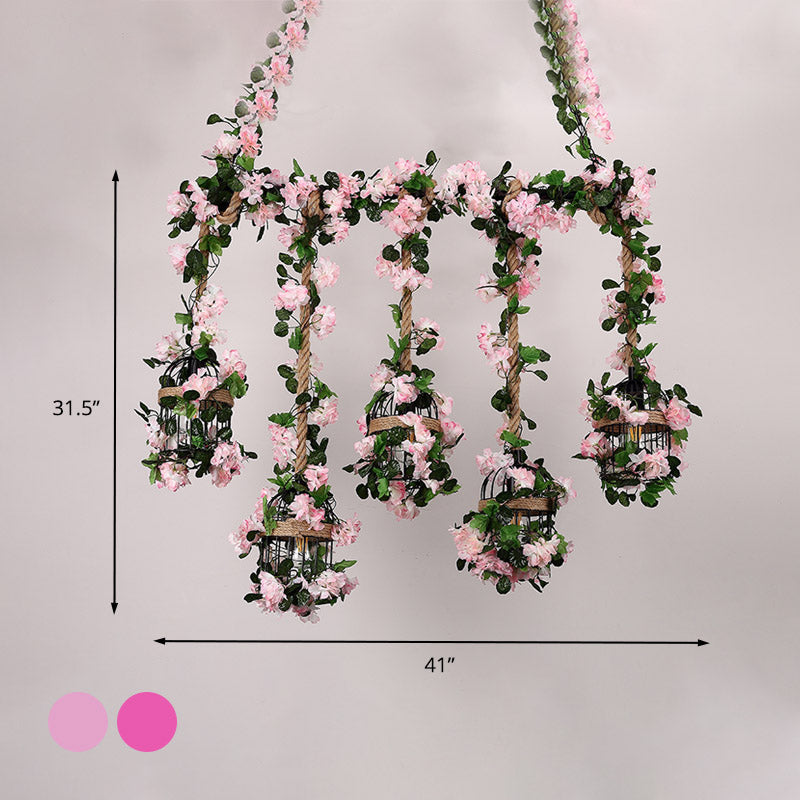 Cage Metal Island Chandelier Antique 5 Heads Restaurant Ceiling Light in Pink/Light Pink with Cherry Blossom/Rose Clearhalo 'Ceiling Lights' 'Island Lights' Lighting' 401074