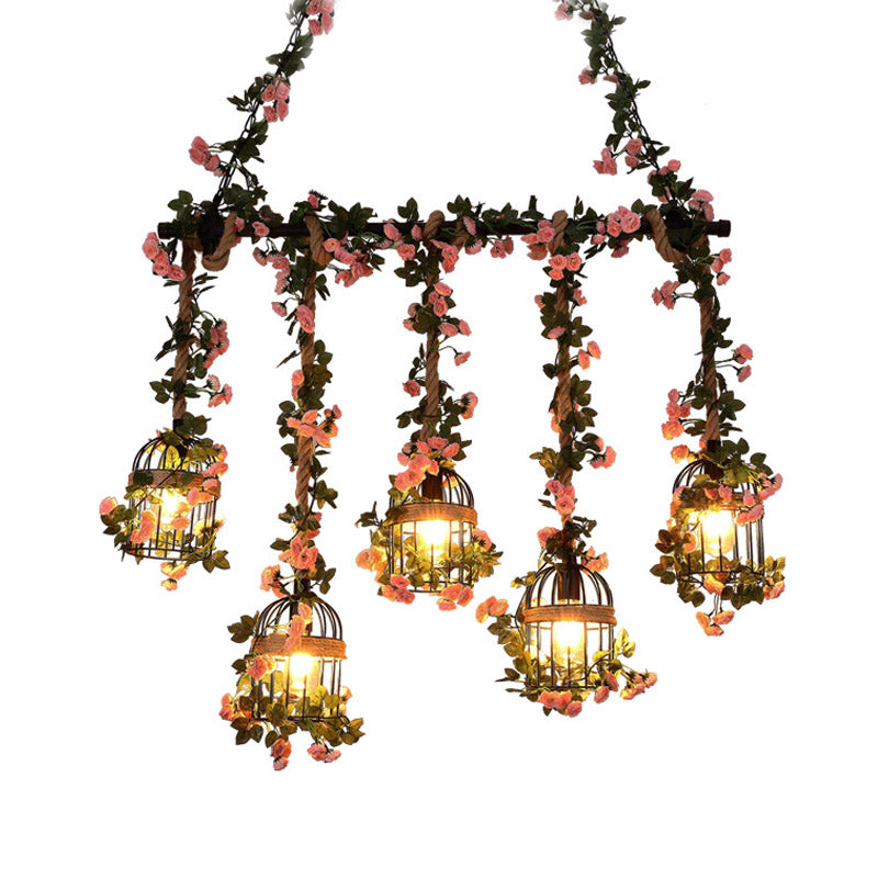 Cage Metal Island Chandelier Antique 5 Heads Restaurant Ceiling Light in Pink/Light Pink with Cherry Blossom/Rose Clearhalo 'Ceiling Lights' 'Island Lights' Lighting' 401077