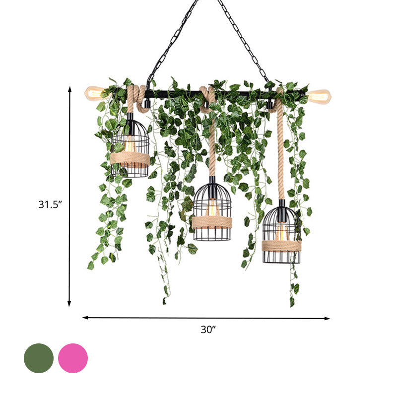 Pink/Green 5 Lights Hanging Island Light Retro Metal Caged Flower/Plant Drop Lamp for Restaurant Clearhalo 'Ceiling Lights' 'Island Lights' Lighting' 401082