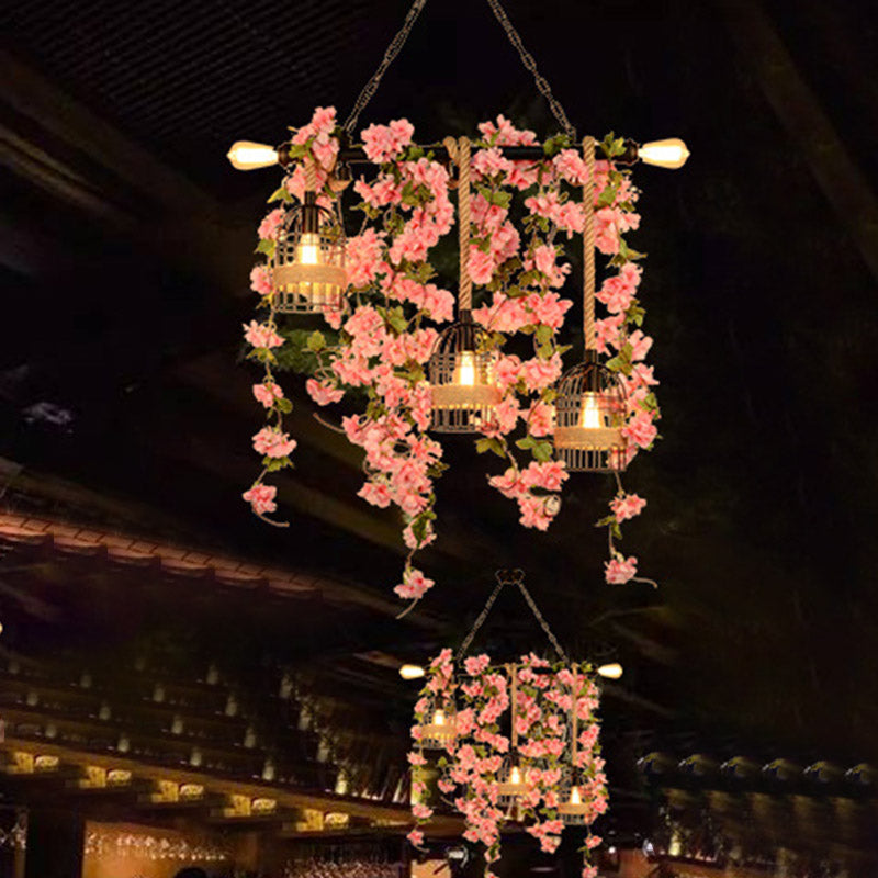 Pink/Green 5 Lights Hanging Island Light Retro Metal Caged Flower/Plant Drop Lamp for Restaurant Pink Clearhalo 'Ceiling Lights' 'Island Lights' Lighting' 401083