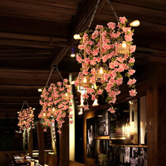 Pink/Green 5 Lights Hanging Island Light Retro Metal Caged Flower/Plant Drop Lamp for Restaurant Clearhalo 'Ceiling Lights' 'Island Lights' Lighting' 401084