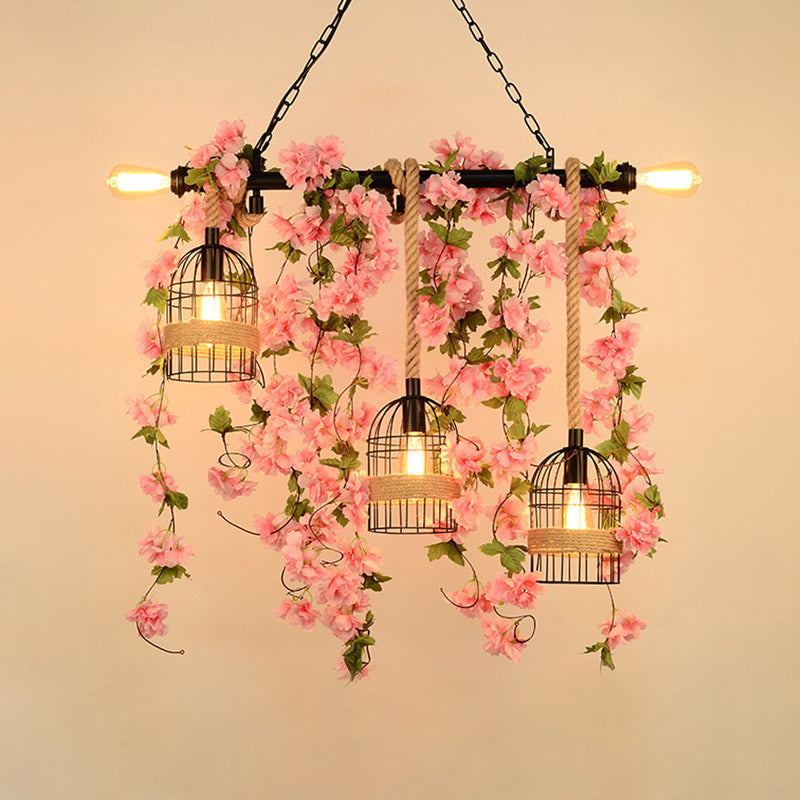 Pink/Green 5 Lights Hanging Island Light Retro Metal Caged Flower/Plant Drop Lamp for Restaurant Clearhalo 'Ceiling Lights' 'Island Lights' Lighting' 401085