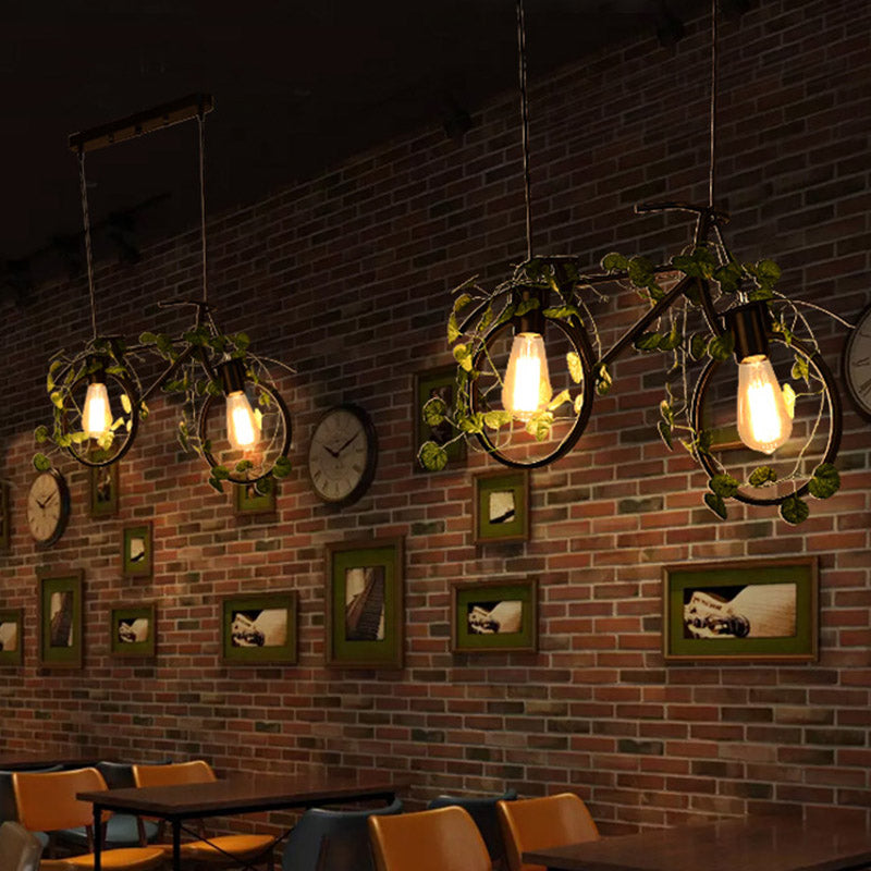 Bicycle Restaurant Island Ceiling Light Retro Metal 2 Heads Black Drop Lamp with Plant Decor Black Clearhalo 'Ceiling Lights' 'Island Lights' Lighting' 401091