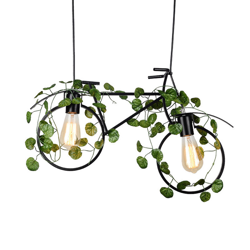 Bicycle Restaurant Island Ceiling Light Retro Metal 2 Heads Black Drop Lamp with Plant Decor Clearhalo 'Ceiling Lights' 'Island Lights' Lighting' 401094