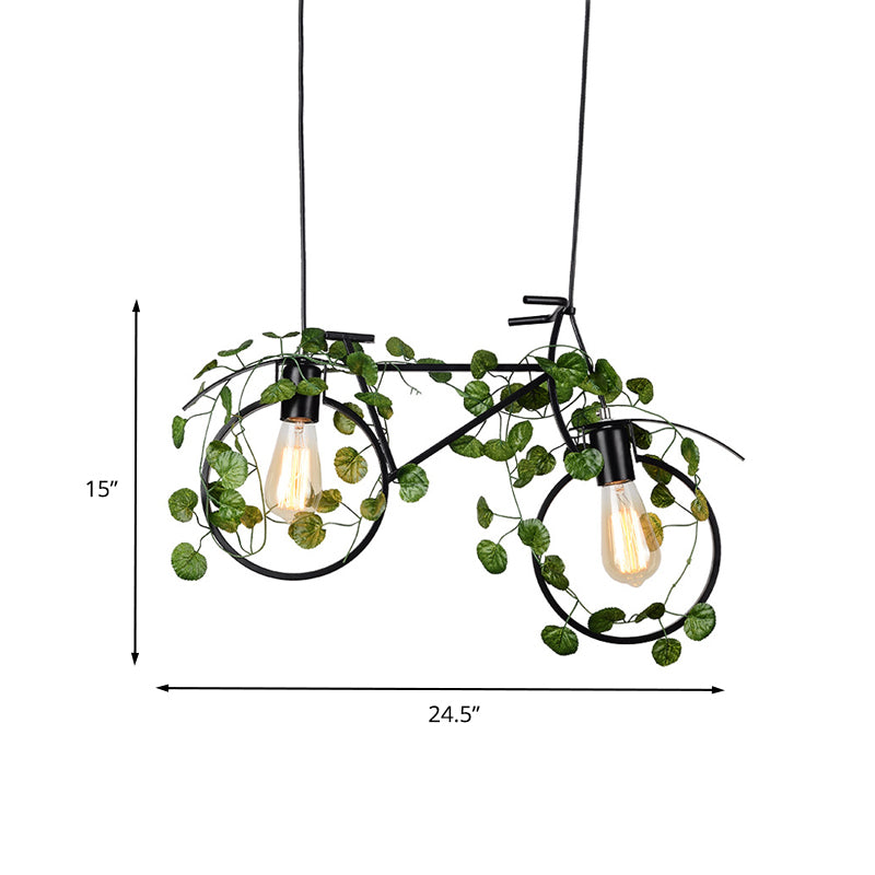 Bicycle Restaurant Island Ceiling Light Retro Metal 2 Heads Black Drop Lamp with Plant Decor Clearhalo 'Ceiling Lights' 'Island Lights' Lighting' 401095