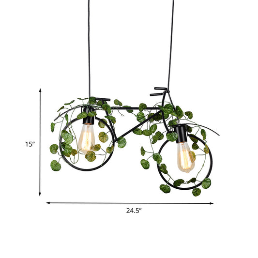 Bicycle Restaurant Island Ceiling Light Retro Metal 2 Heads Black Drop Lamp with Plant Decor Clearhalo 'Ceiling Lights' 'Island Lights' Lighting' 401095