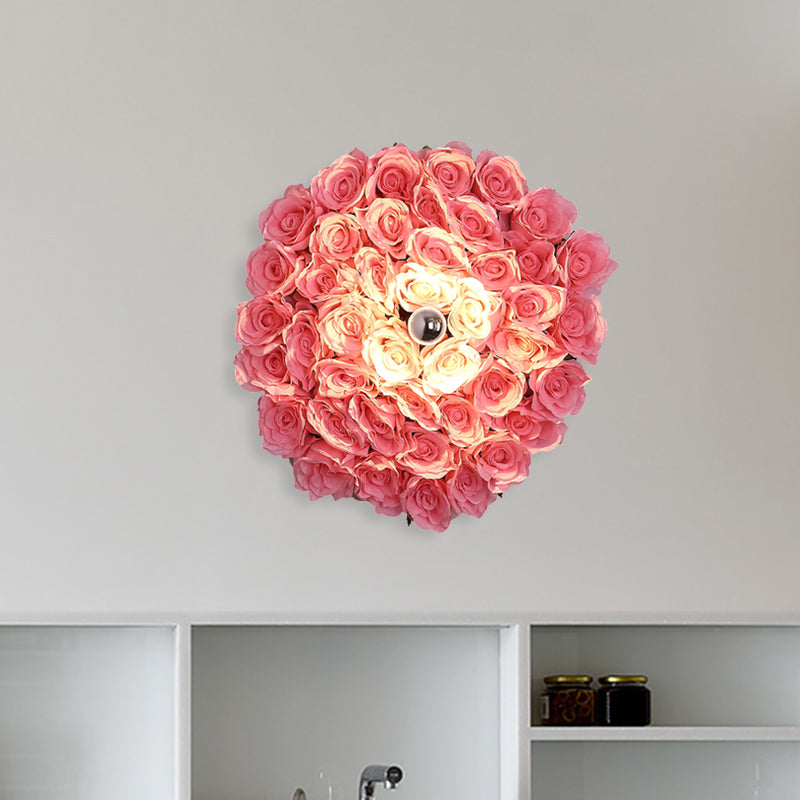 Metal Rose Sconce Light Fixture Industrial 1 Bulb Restaurant LED Wall Mount Lighting in Pink, 12.5"/16.5"/20.5" Dia Pink Clearhalo 'Art deco wall lights' 'Cast Iron' 'Glass' 'Industrial wall lights' 'Industrial' 'Middle century wall lights' 'Modern' 'Rustic wall lights' 'Tiffany' 'Traditional wall lights' 'Wall Lamps & Sconces' 'Wall Lights' Lighting' 401236