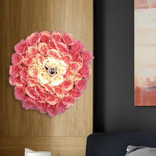 Metal Rose Sconce Light Fixture Industrial 1 Bulb Restaurant LED Wall Mount Lighting in Pink, 12.5"/16.5"/20.5" Dia Clearhalo 'Art deco wall lights' 'Cast Iron' 'Glass' 'Industrial wall lights' 'Industrial' 'Middle century wall lights' 'Modern' 'Rustic wall lights' 'Tiffany' 'Traditional wall lights' 'Wall Lamps & Sconces' 'Wall Lights' Lighting' 401237