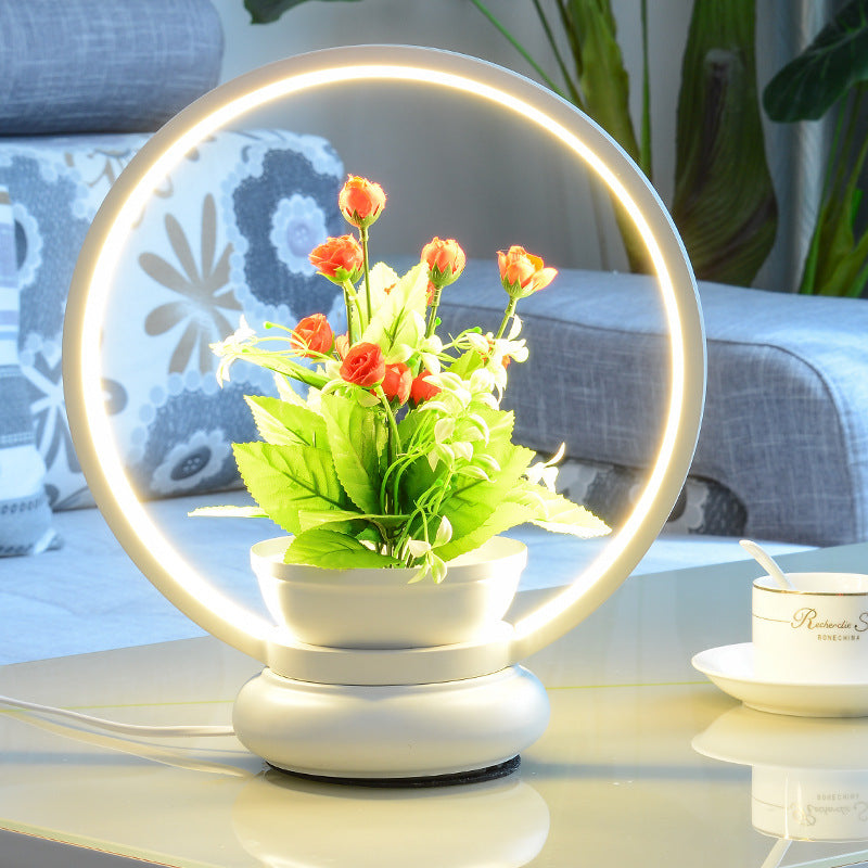 Round/Square Bedroom Table Light Industrial Metal LED Black/White Night Lamp with Plant Decoration, Warm/White Light Clearhalo 'Lamps' 'Table Lamps' Lighting' 401251