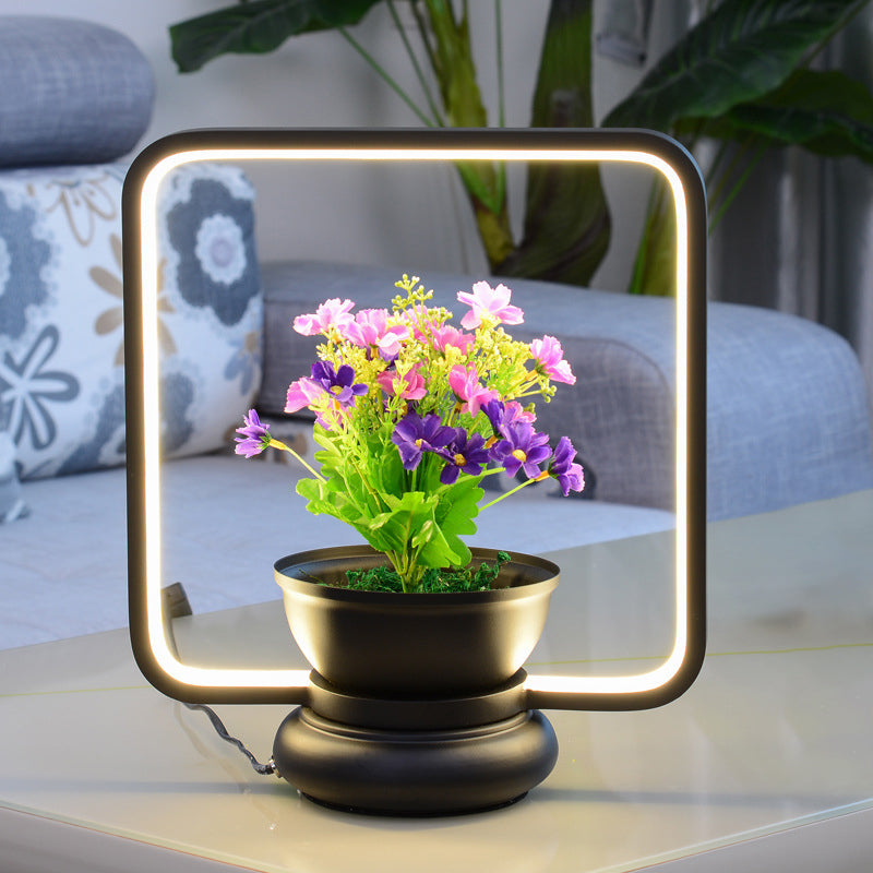 Round/Square Bedroom Table Light Industrial Metal LED Black/White Night Lamp with Plant Decoration, Warm/White Light Black Square Plate Clearhalo 'Lamps' 'Table Lamps' Lighting' 401262