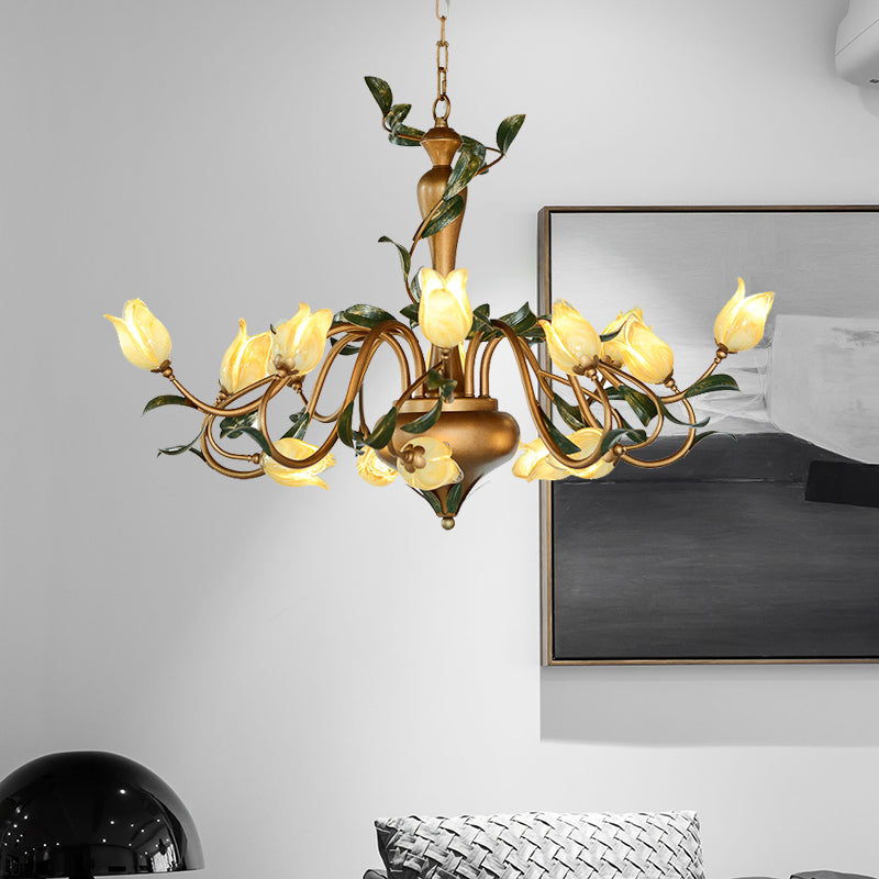 Tulip Metal Chandelier Pendant Light Romantic Pastoral 15 Heads Living Room LED Suspension Lighting in Gold Clearhalo 'Ceiling Lights' 'Chandeliers' Lighting' options 401300