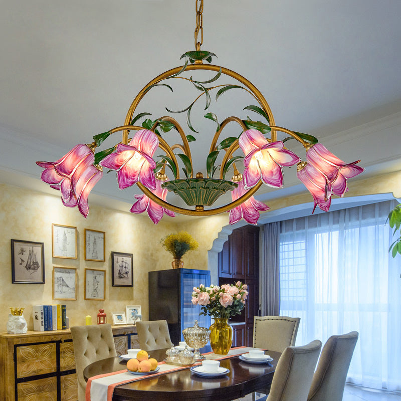 American Garden Lily Hanging Chandelier 6/8/10 Bulbs Metal LED Suspension Light in Brass for Dining Room 8 Brass Clearhalo 'Ceiling Lights' 'Chandeliers' Lighting' options 401309_c8246b45-c02c-4df6-828b-fbd05d846099