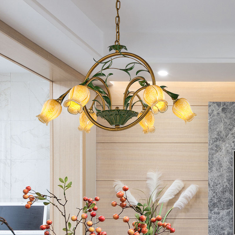 Metal Tulip Ceiling Chandelier Romantic Pastoral 6/8/10 Bulbs Living Room LED Hanging Pendant Light in Brass 6 Brass Clearhalo 'Ceiling Lights' 'Chandeliers' Lighting' options 401317_04e2b2ce-8f2f-4562-b6c3-0c54fbba5367