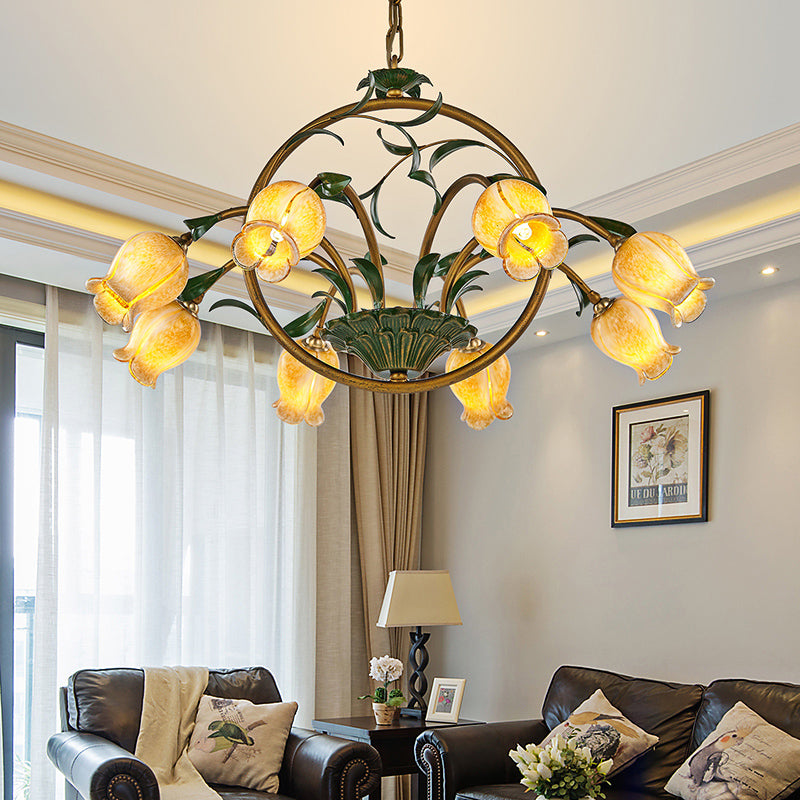 Metal Tulip Ceiling Chandelier Romantic Pastoral 6/8/10 Bulbs Living Room LED Hanging Pendant Light in Brass 8 Brass Clearhalo 'Ceiling Lights' 'Chandeliers' Lighting' options 401322_3d938d97-fd5b-41b8-97c5-6ee6e5460b25