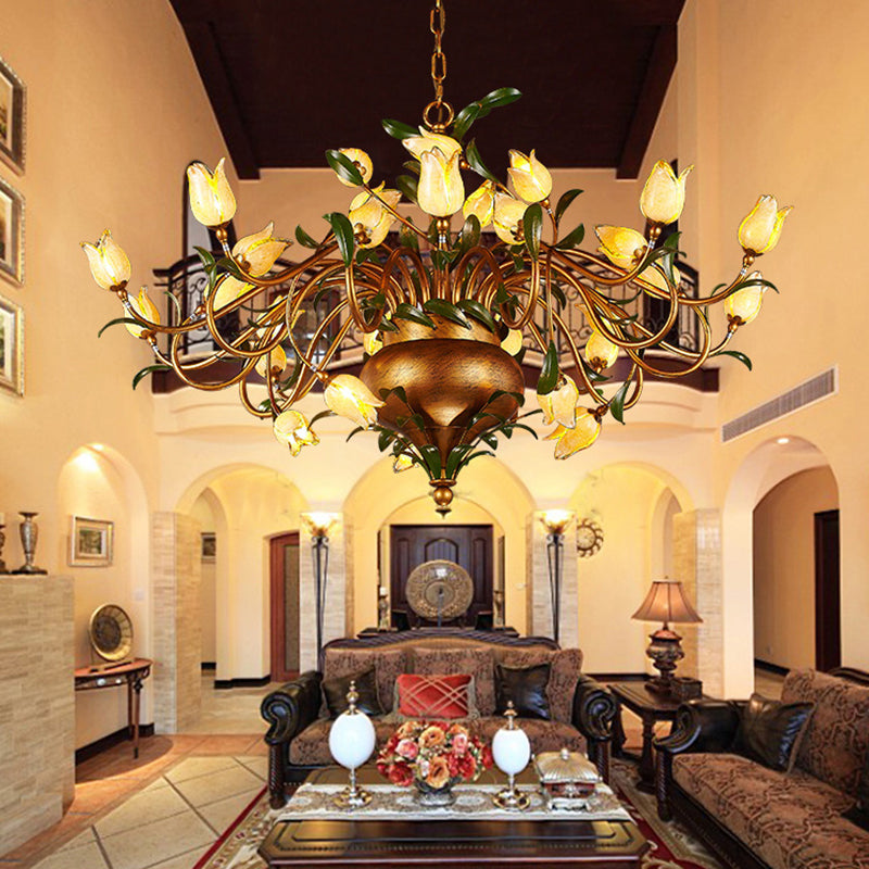 Pastoral Tulip Chandelier Lighting Fixture 12/20/30 Bulbs Metal LED Pendant Ceiling Light in Brass for Living Room 30 Brass Clearhalo 'Ceiling Lights' 'Chandeliers' Lighting' options 401360_f7753142-eb45-42e3-8bba-95dd019973cc