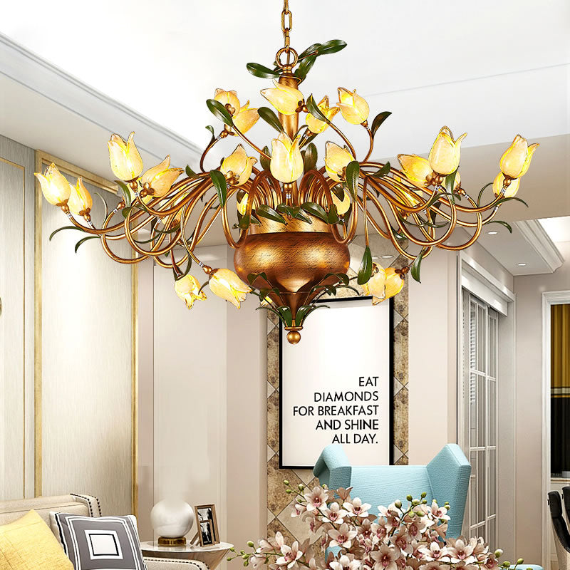 Pastoral Tulip Chandelier Lighting Fixture 12/20/30 Bulbs Metal LED Pendant Ceiling Light in Brass for Living Room Clearhalo 'Ceiling Lights' 'Chandeliers' Lighting' options 401361