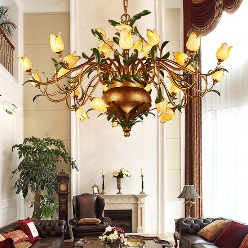 Pastoral Tulip Chandelier Lighting Fixture 12/20/30 Bulbs Metal LED Pendant Ceiling Light in Brass for Living Room Clearhalo 'Ceiling Lights' 'Chandeliers' Lighting' options 401362