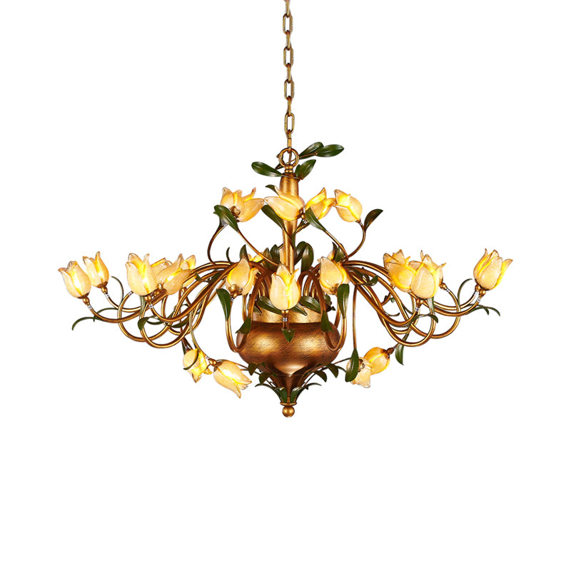 Pastoral Tulip Chandelier Lighting Fixture 12/20/30 Bulbs Metal LED Pendant Ceiling Light in Brass for Living Room Clearhalo 'Ceiling Lights' 'Chandeliers' Lighting' options 401363