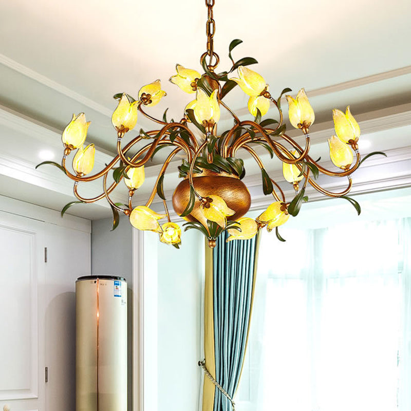 Pastoral Tulip Chandelier Lighting Fixture 12/20/30 Bulbs Metal LED Pendant Ceiling Light in Brass for Living Room Clearhalo 'Ceiling Lights' 'Chandeliers' Lighting' options 401365