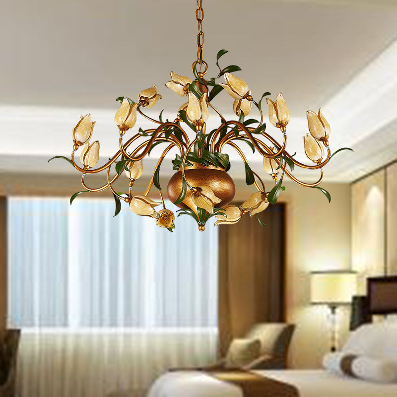 Pastoral Tulip Chandelier Lighting Fixture 12/20/30 Bulbs Metal LED Pendant Ceiling Light in Brass for Living Room Clearhalo 'Ceiling Lights' 'Chandeliers' Lighting' options 401366