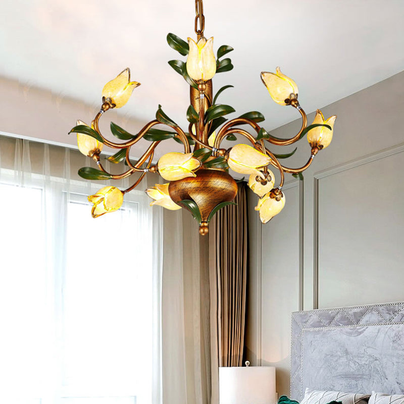 Pastoral Tulip Chandelier Lighting Fixture 12/20/30 Bulbs Metal LED Pendant Ceiling Light in Brass for Living Room Clearhalo 'Ceiling Lights' 'Chandeliers' Lighting' options 401369