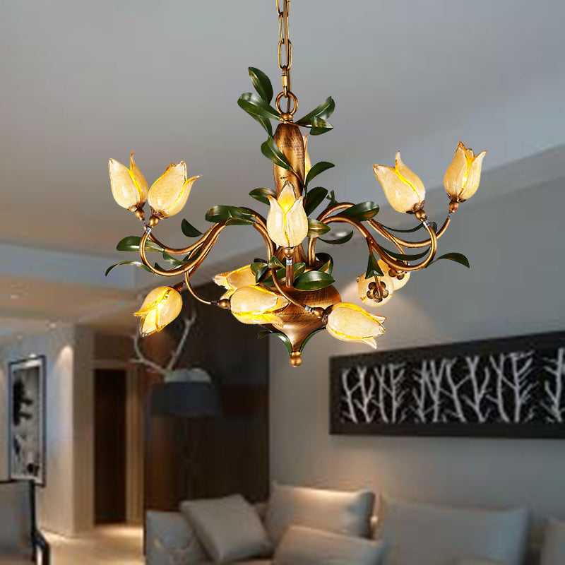 Pastoral Tulip Chandelier Lighting Fixture 12/20/30 Bulbs Metal LED Pendant Ceiling Light in Brass for Living Room Clearhalo 'Ceiling Lights' 'Chandeliers' Lighting' options 401370