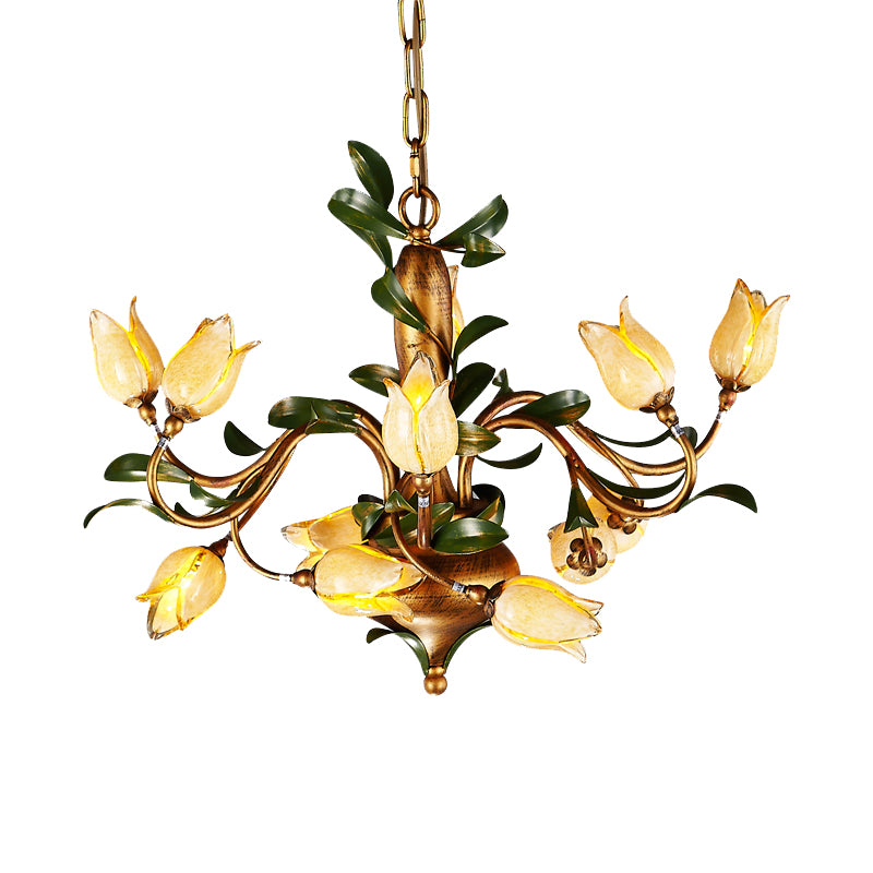 Pastoral Tulip Chandelier Lighting Fixture 12/20/30 Bulbs Metal LED Pendant Ceiling Light in Brass for Living Room Clearhalo 'Ceiling Lights' 'Chandeliers' Lighting' options 401371