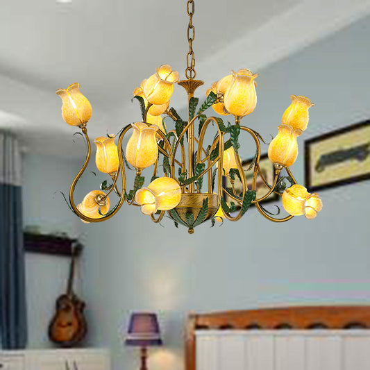 American Flower Metal Hanging Pendant 16 Heads White/Yellow/Purple Glass LED Ceiling Chandelier for Living Room Clearhalo 'Ceiling Lights' 'Chandeliers' Lighting' options 401373