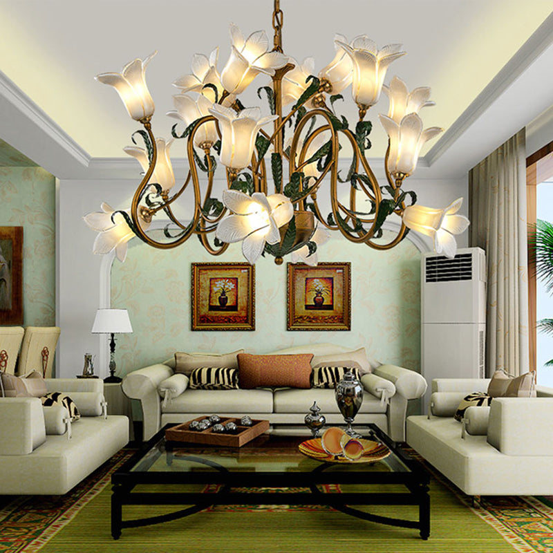 American Flower Metal Hanging Pendant 16 Heads White/Yellow/Purple Glass LED Ceiling Chandelier for Living Room White Clearhalo 'Ceiling Lights' 'Chandeliers' Lighting' options 401378_aba59ddb-8a83-423c-8968-3c40d02203de