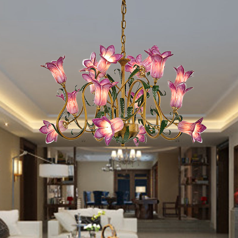 American Flower Metal Hanging Pendant 16 Heads White/Yellow/Purple Glass LED Ceiling Chandelier for Living Room Purple Clearhalo 'Ceiling Lights' 'Chandeliers' Lighting' options 401384_54498db4-5777-4ef1-a3eb-b20fc05fca18