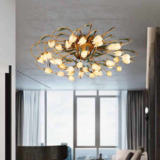 American Garden Tulip Ceiling Lamp 38 Heads Metal LED Semi Flush Light Fixture in Brass for Living Room Brass Clearhalo 'Ceiling Lights' 'Close To Ceiling Lights' 'Close to ceiling' 'Semi-flushmount' Lighting' 401414