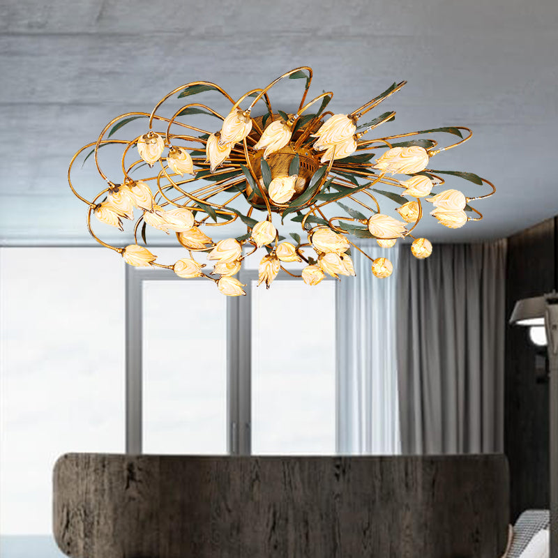 American Garden Tulip Ceiling Lamp 38 Heads Metal LED Semi Flush Light Fixture in Brass for Living Room Clearhalo 'Ceiling Lights' 'Close To Ceiling Lights' 'Close to ceiling' 'Semi-flushmount' Lighting' 401415