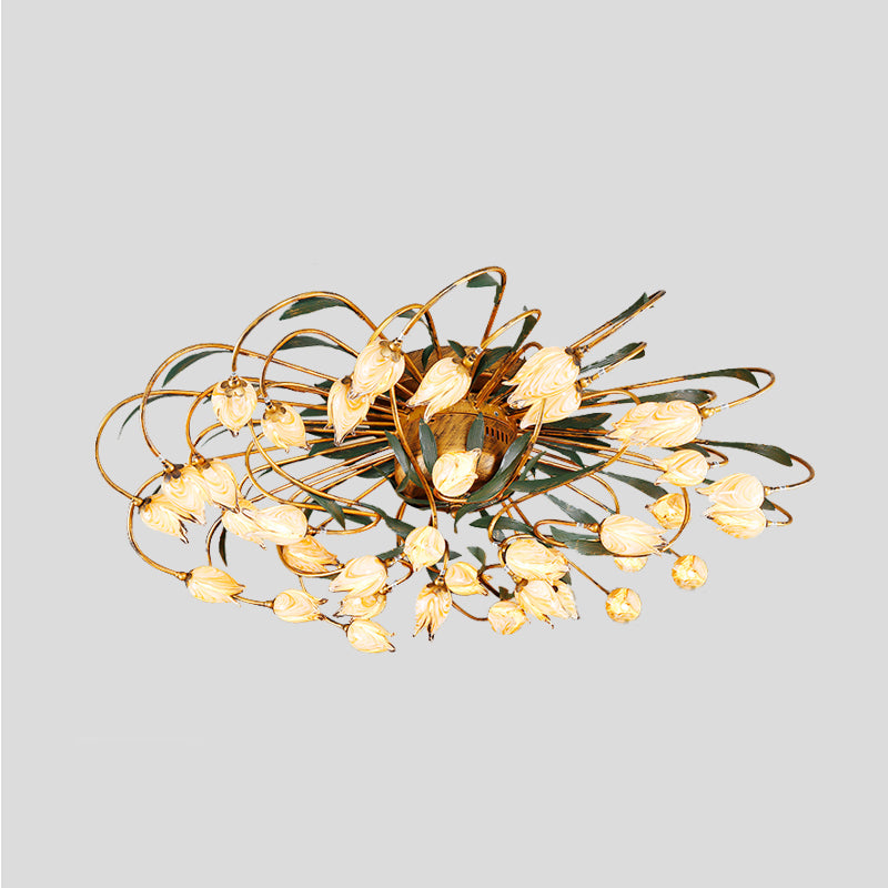 American Garden Tulip Ceiling Lamp 38 Heads Metal LED Semi Flush Light Fixture in Brass for Living Room Clearhalo 'Ceiling Lights' 'Close To Ceiling Lights' 'Close to ceiling' 'Semi-flushmount' Lighting' 401417