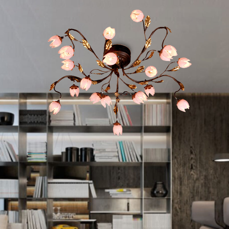 Metal Dark Brown Semi Flush Lotus 20 Bulbs American Garden LED Close to Ceiling Lamp for Study Room Dark Brown Clearhalo 'Ceiling Lights' 'Close To Ceiling Lights' 'Close to ceiling' 'Semi-flushmount' Lighting' 401419