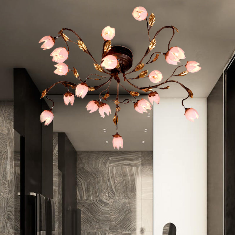 Metal Dark Brown Semi Flush Lotus 20 Bulbs American Garden LED Close to Ceiling Lamp for Study Room Clearhalo 'Ceiling Lights' 'Close To Ceiling Lights' 'Close to ceiling' 'Semi-flushmount' Lighting' 401420