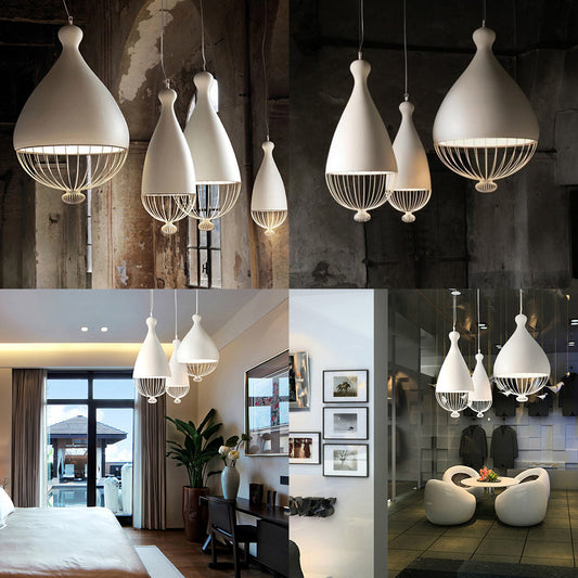 White Teardrop Pendant Lamp with Wire Guard Modernism Aluminum 1 Light Restaurant Ceiling Light Clearhalo 'Ceiling Lights' 'Modern Pendants' 'Modern' 'Pendant Lights' 'Pendants' Lighting' 40142