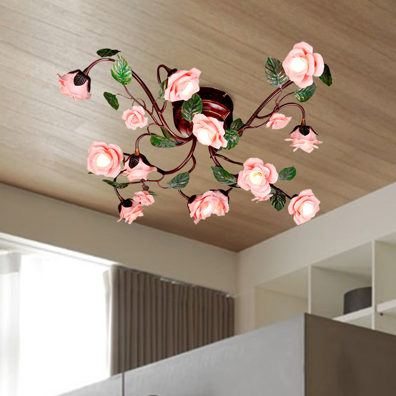 Rose Bedroom Semi Flush Mount American Garden Metal 12 Heads Dark Brown LED Close to Ceiling Lighting Dark Brown Clearhalo 'Ceiling Lights' 'Close To Ceiling Lights' 'Close to ceiling' 'Semi-flushmount' Lighting' 401437