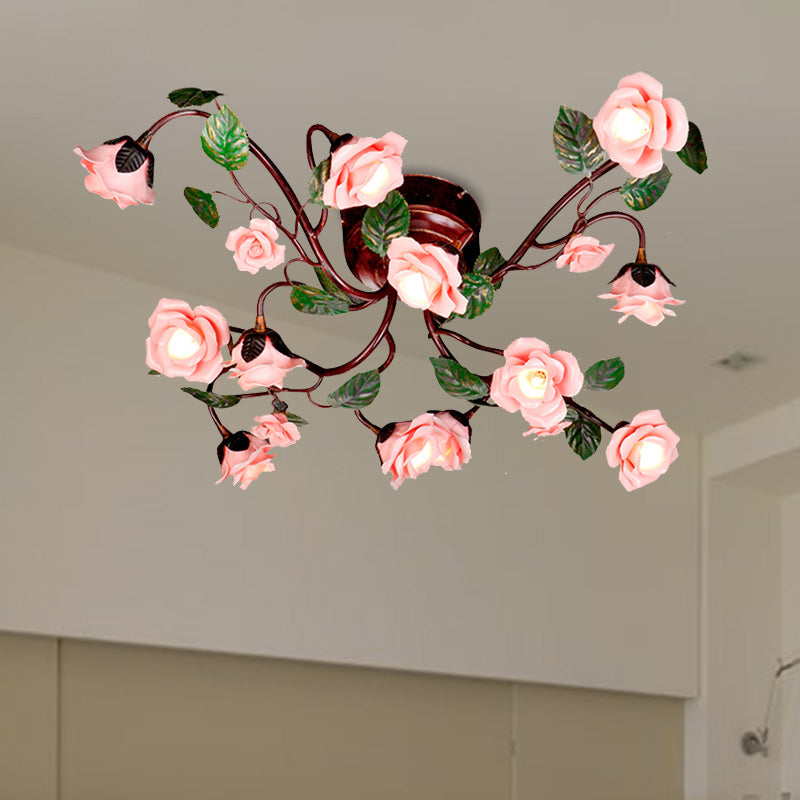 Rose Bedroom Semi Flush Mount American Garden Metal 12 Heads Dark Brown LED Close to Ceiling Lighting Clearhalo 'Ceiling Lights' 'Close To Ceiling Lights' 'Close to ceiling' 'Semi-flushmount' Lighting' 401438