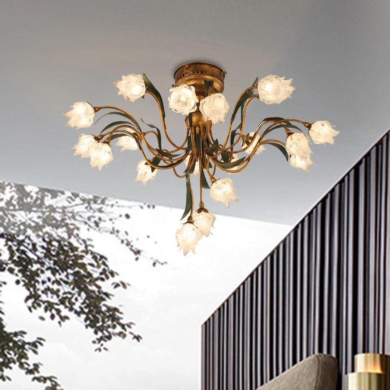 Brass Bloom Semi Flush Light Romantic Pastoral Metal 19 Bulbs Living Room LED Close to Ceiling Lamp Brass Clearhalo 'Ceiling Lights' 'Close To Ceiling Lights' 'Close to ceiling' 'Semi-flushmount' Lighting' 401442