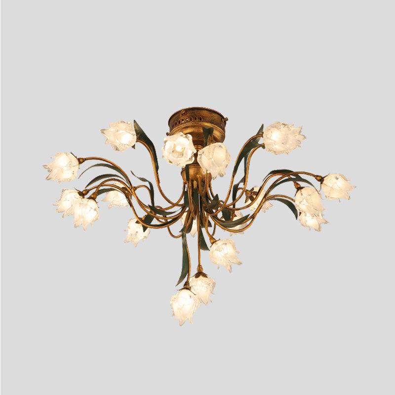 Brass Bloom Semi Flush Light Romantic Pastoral Metal 19 Bulbs Living Room LED Close to Ceiling Lamp Clearhalo 'Ceiling Lights' 'Close To Ceiling Lights' 'Close to ceiling' 'Semi-flushmount' Lighting' 401445