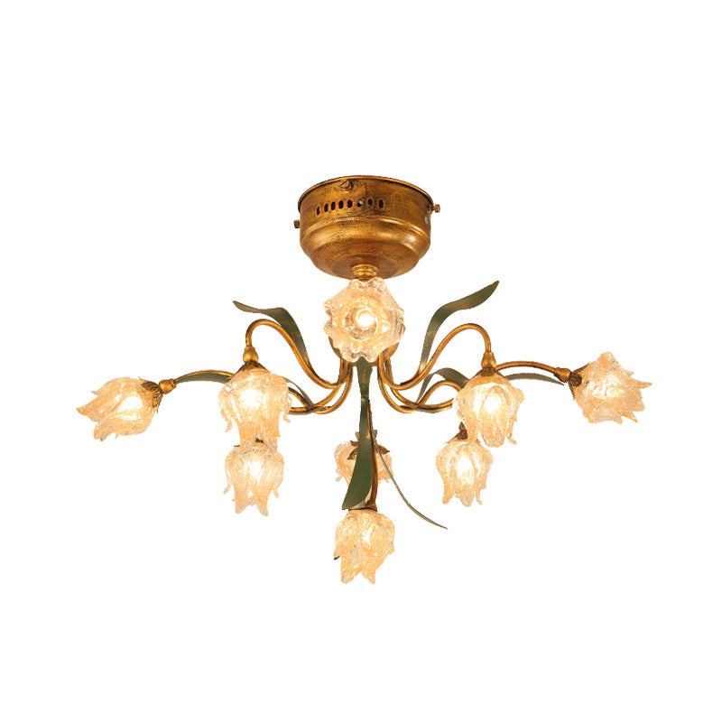 9-Head Close to Ceiling Lamp Romantic Pastoral Living Room LED Semi Flush Mount Lighting with Flower Frosted Glass in Brass Clearhalo 'Ceiling Lights' 'Close To Ceiling Lights' 'Close to ceiling' 'Semi-flushmount' Lighting' 401449