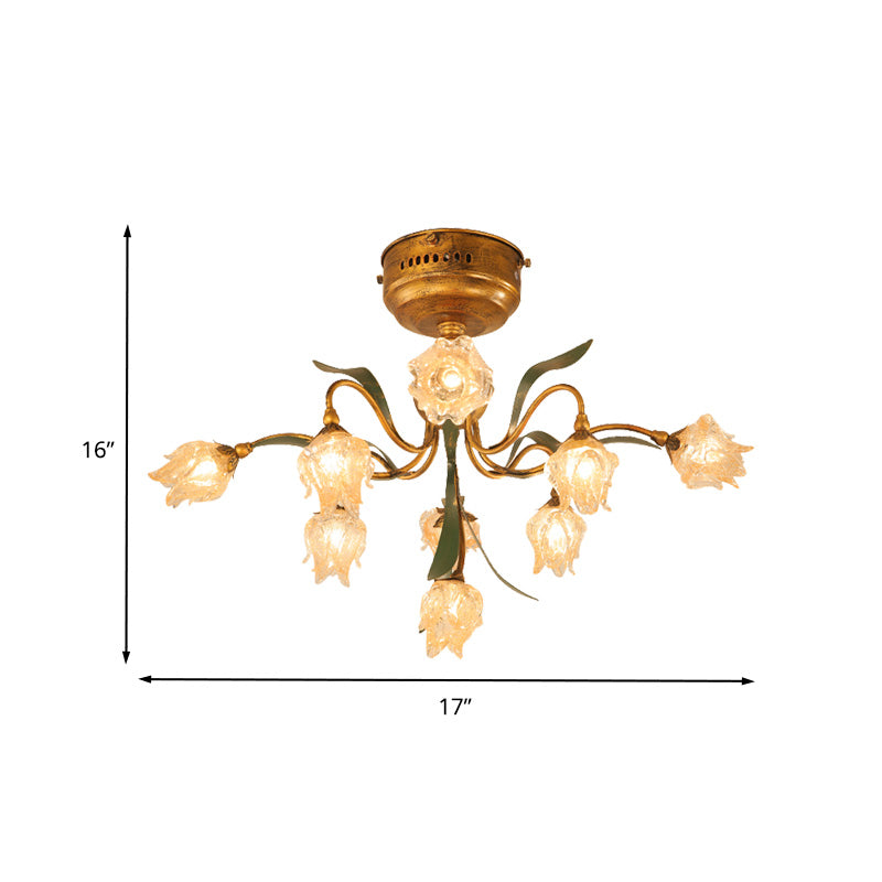 9-Head Close to Ceiling Lamp Romantic Pastoral Living Room LED Semi Flush Mount Lighting with Flower Frosted Glass in Brass Clearhalo 'Ceiling Lights' 'Close To Ceiling Lights' 'Close to ceiling' 'Semi-flushmount' Lighting' 401451