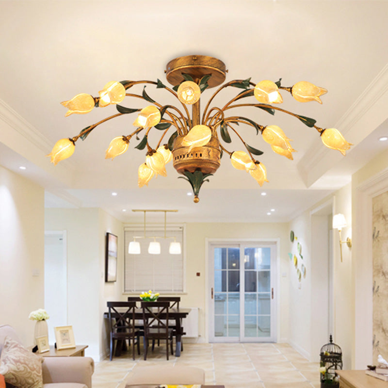 Tulip Living Room Ceiling Lamp Pastoral Style Metal 18 Bulbs Brass LED Semi Flush Mount Lighting Brass Clearhalo 'Ceiling Lights' 'Close To Ceiling Lights' 'Close to ceiling' 'Semi-flushmount' Lighting' 401452