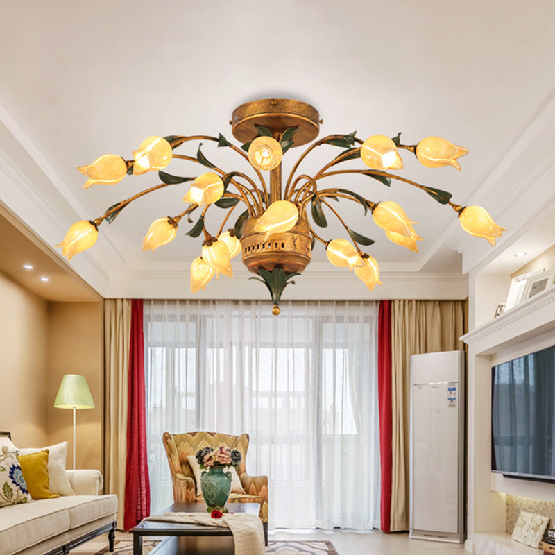 Tulip Living Room Ceiling Lamp Pastoral Style Metal 18 Bulbs Brass LED Semi Flush Mount Lighting Clearhalo 'Ceiling Lights' 'Close To Ceiling Lights' 'Close to ceiling' 'Semi-flushmount' Lighting' 401453