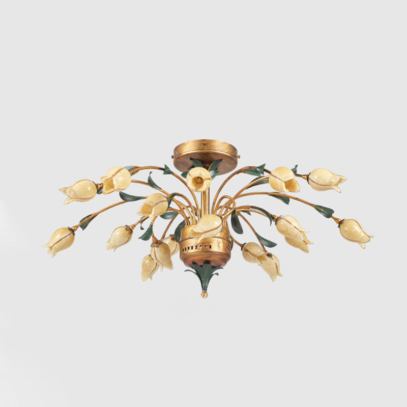 Tulip Living Room Ceiling Lamp Pastoral Style Metal 18 Bulbs Brass LED Semi Flush Mount Lighting Clearhalo 'Ceiling Lights' 'Close To Ceiling Lights' 'Close to ceiling' 'Semi-flushmount' Lighting' 401455