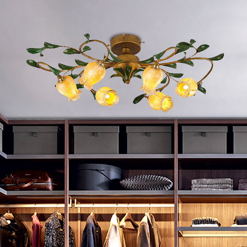 Lily/Tulip Metal Ceiling Fixture Countryside 6/8 Bulbs Bedroom LED Semi Flush Mount Lighting in Brass 6 Brass A Clearhalo 'Ceiling Lights' 'Close To Ceiling Lights' 'Close to ceiling' 'Semi-flushmount' Lighting' 401457