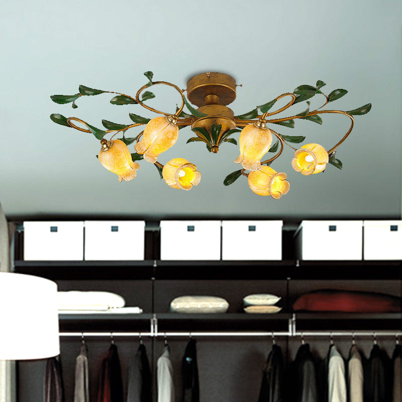 Lily/Tulip Metal Ceiling Fixture Countryside 6/8 Bulbs Bedroom LED Semi Flush Mount Lighting in Brass Clearhalo 'Ceiling Lights' 'Close To Ceiling Lights' 'Close to ceiling' 'Semi-flushmount' Lighting' 401458