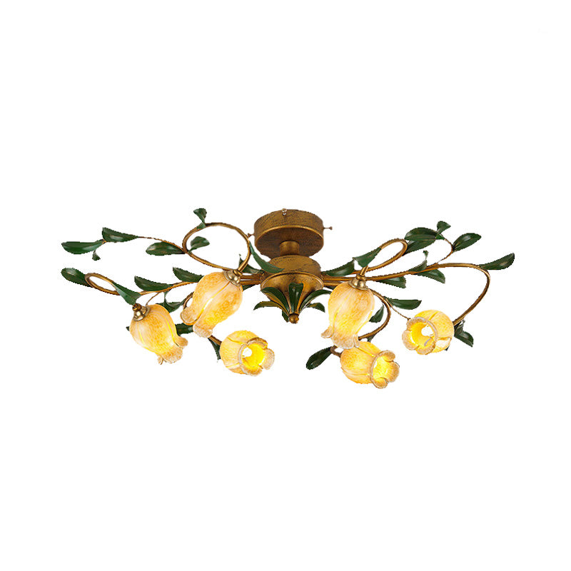 Lily/Tulip Metal Ceiling Fixture Countryside 6/8 Bulbs Bedroom LED Semi Flush Mount Lighting in Brass Clearhalo 'Ceiling Lights' 'Close To Ceiling Lights' 'Close to ceiling' 'Semi-flushmount' Lighting' 401459