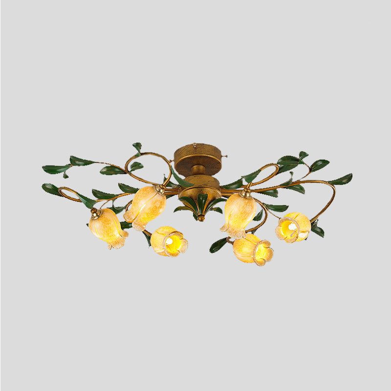 Lily/Tulip Metal Ceiling Fixture Countryside 6/8 Bulbs Bedroom LED Semi Flush Mount Lighting in Brass Clearhalo 'Ceiling Lights' 'Close To Ceiling Lights' 'Close to ceiling' 'Semi-flushmount' Lighting' 401460