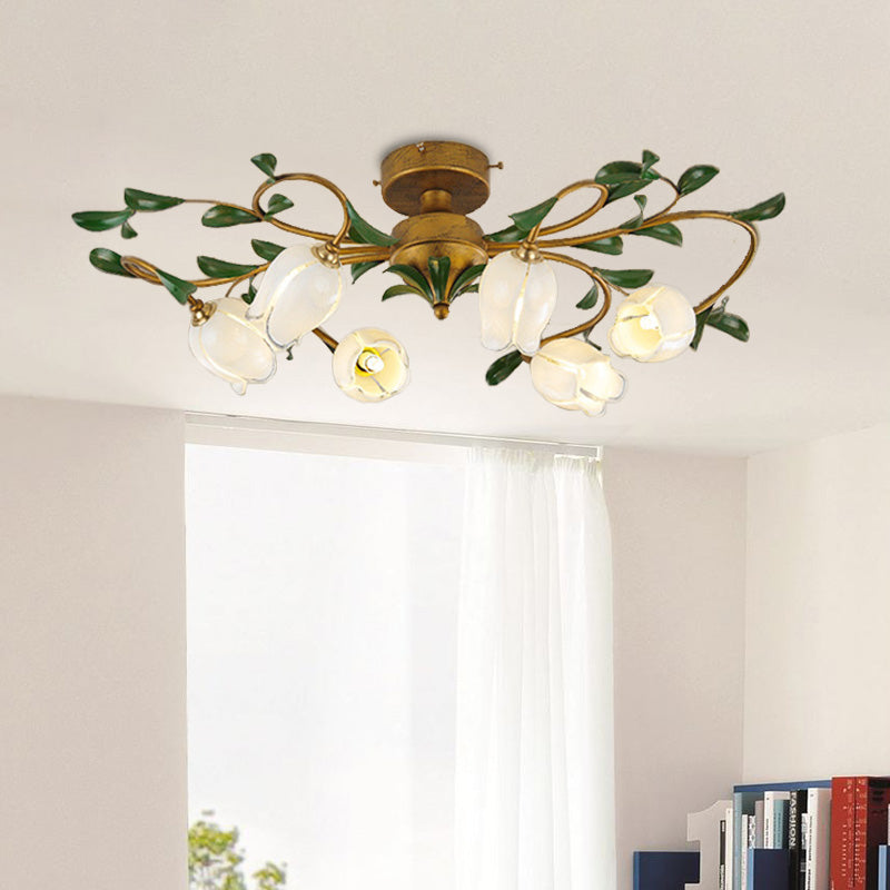 Lily/Tulip Metal Ceiling Fixture Countryside 6/8 Bulbs Bedroom LED Semi Flush Mount Lighting in Brass Clearhalo 'Ceiling Lights' 'Close To Ceiling Lights' 'Close to ceiling' 'Semi-flushmount' Lighting' 401463
